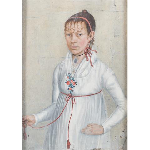 MALER/IN 18. Jh., "Junge Dame in weißem Kleid mit Rosenschmuck",