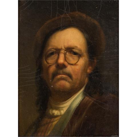 MALER DES 20. JAHRHUNDERTS "Porträt eines Mannes mit Brille und Pelzmütze".