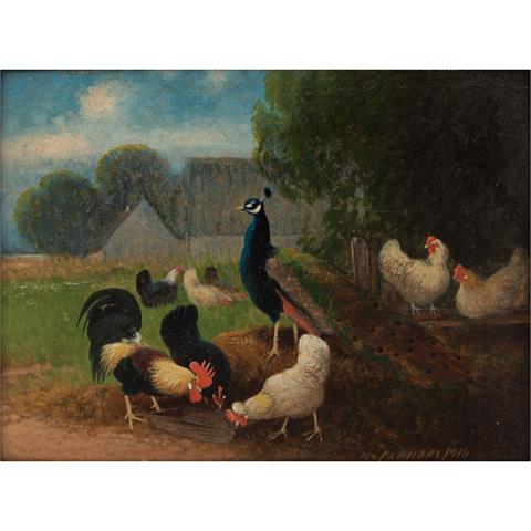 SCHEUERER, OTTO (1862-1934), "Pfau und Hühner hinter dem Haus",