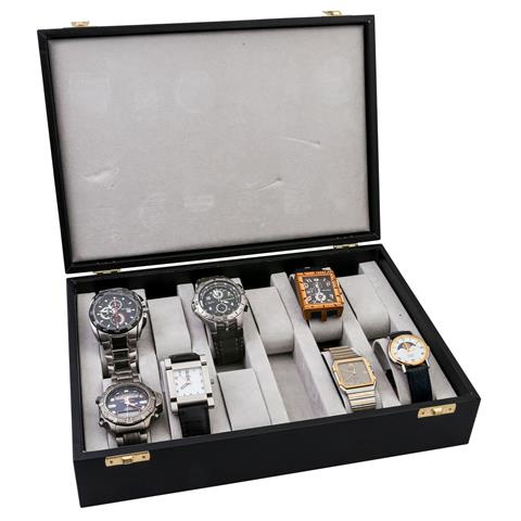 KONVOLUT 7x Armbanduhr und 1x Uhrenaufbewahrungsbox.