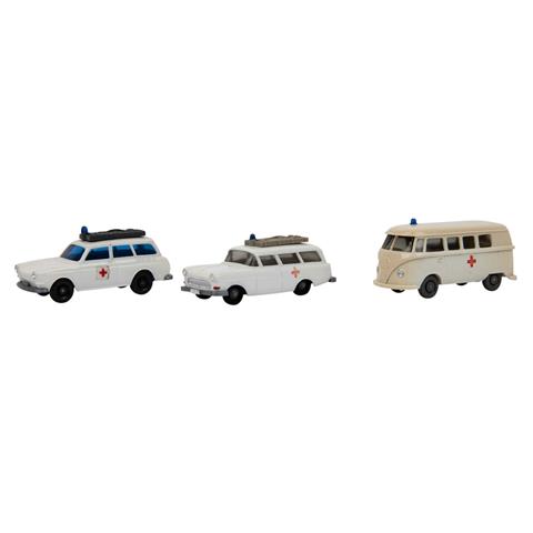WIKING drei Rotkreuz-Fahrzeuge, 1965-73,