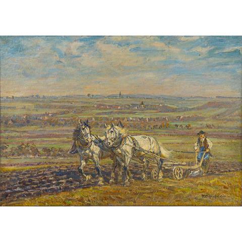 ECKENFELDER, FRIEDRICH (1861-1938), "Mit einem Pferdegespann pflügender Bauer",
