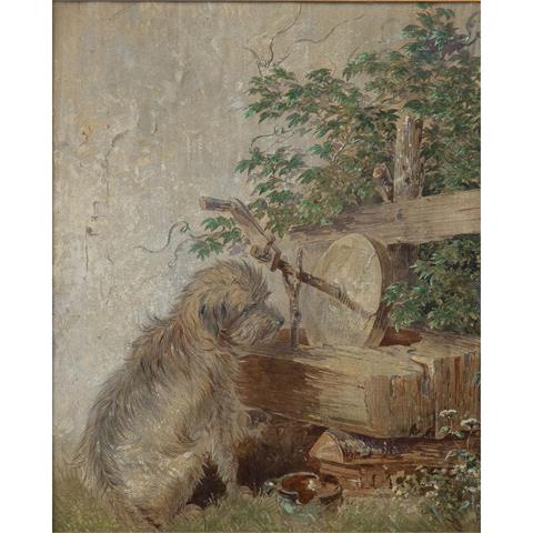 PISCHINGER, Carl, ATTRIBUIERT (1823-1886), "Pinscher vor einem Brunnen mit Schleifstein sitzend",