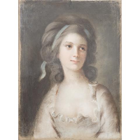 MALER/IN frühes 19. Jh., "Portrait einer jungen Dame mit blauem Tuch im Haar",