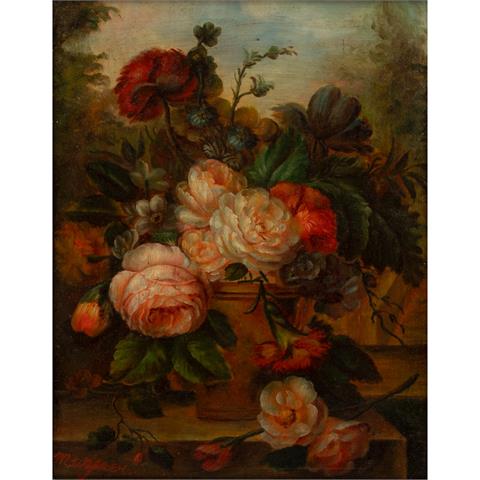WAGNER, M. (Maler/in 20. Jh.), "Stillleben mit Rosen und Sommerblumen in Jardinière",