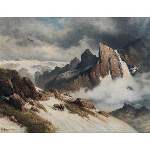 HOFFMANN, GEORG (auch Hoffmann-Salon, Maler 19./20. Jh.), "Kämpfende Hirsche im Hochgebirge in Norwegen",