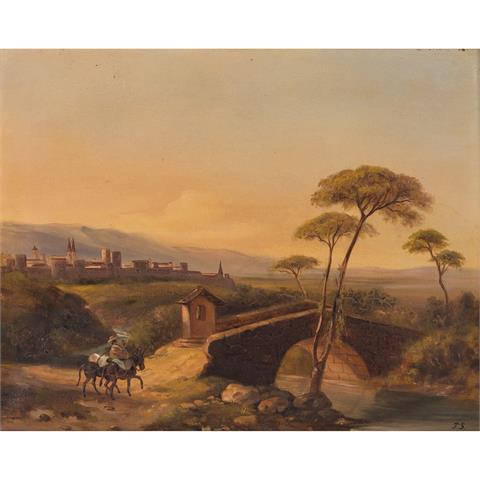 MONOGRAMMIST F. B. (Maler/in 19. Jh.), "Mediterrane Landschaft mit Stadt vor dem Gebirge",