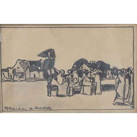 HOELZEL, ADOLF (1853-1934), "Personengruppen in Unterhaltung vor dem Ort",