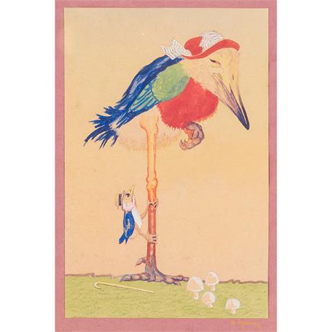 GRIMM, H., wohl Henriette (1894-1965), Illustration "Zwei Vögel mit Hut",