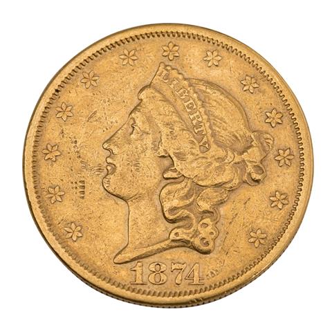 USA/Gold - 20 Dollars 1874, Liberty Head, ss, deutlich berieben,