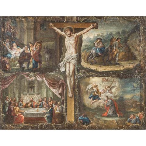 MALER des Alpenraums 18. Jh., "Kreuzigung und vier Szenen aus dem Christusleben",