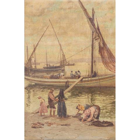 MEYER-WALDECK, KUNZ (1859-1953), "Muschelsammlerinnen und Segelschiffe am Strand",