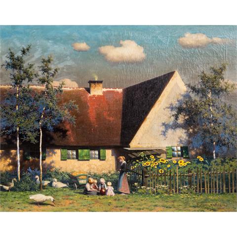 KELLER-REUTLINGEN, PAUL WILHELM (1854-1920), "Junge Frau mit Kindern im Garten hinter dem Haus",