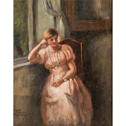 PETERS, PIETRONELLA (Stuttgart 1848-1924), "Junges Mädchen am Fenster sitzend",