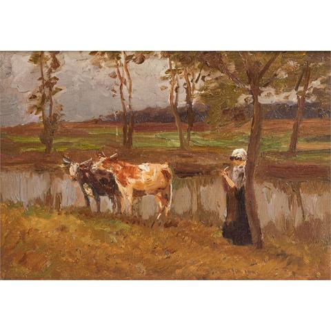 JUNGHANNS, Julius Paul, ATTRIBUIERT (1876-1958), "Hirtin mit zwei Kälbern am Flussufer",