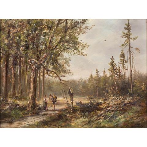 HEICHELE, MAX (1930-1979), "Jäger und junge Frau auf einem Waldweg",