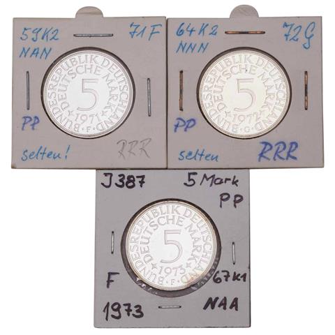 BRD - 5 DM Silberadler 1971/F;1972/G; 1973/F (partielle Tönung, polierte Platte,