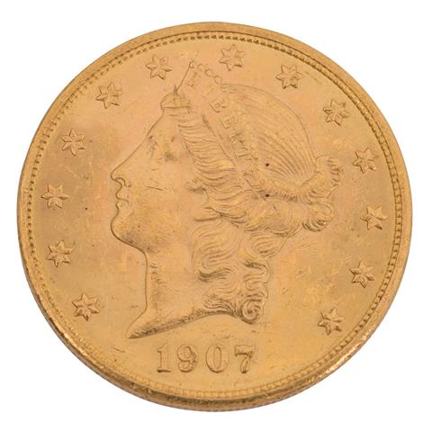 USA - 20 Dollars 1907 o. Mzz., Double Eagle Liberty Head,