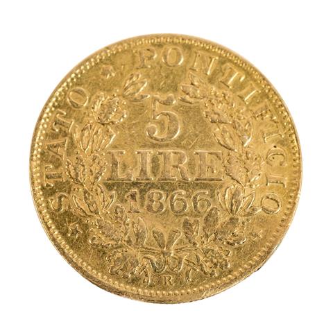 Italien /GOLD, Vatikan - Pius IX (1866-1878), 5 Lire 1866 R