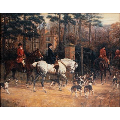 "Parforcejäger und Reiterin mit Foxhound-Meute nach der Jagd", nach Gemälde des 19. Jh.,