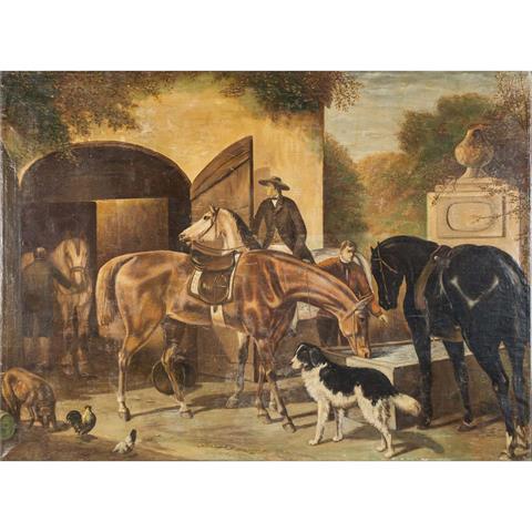 ROBBE (Maler Ende 19. Jh.), "Reiter mit Pferden und Hunden vor dem Stall",