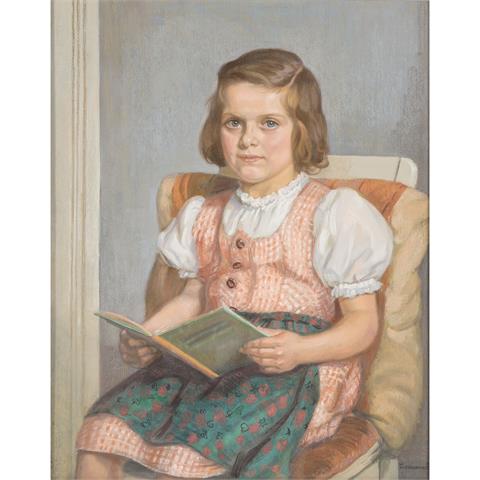 HILDENBRANDT, WILHELM ALFRED (1874-?), "Auf einem Stuhl sitzendes Mädchen mit Buch",