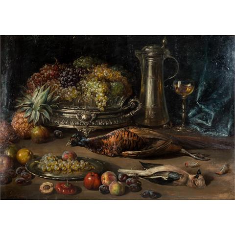 ECKERLER, KARL (1852-1926), "Stillleben mit Früchten, Schalen, Wein und erlegten Vögeln",