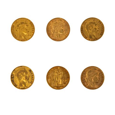 6-teiliges Konvolut Goldmünzen Frankreich 19. bis Anfang 20.Jh. -