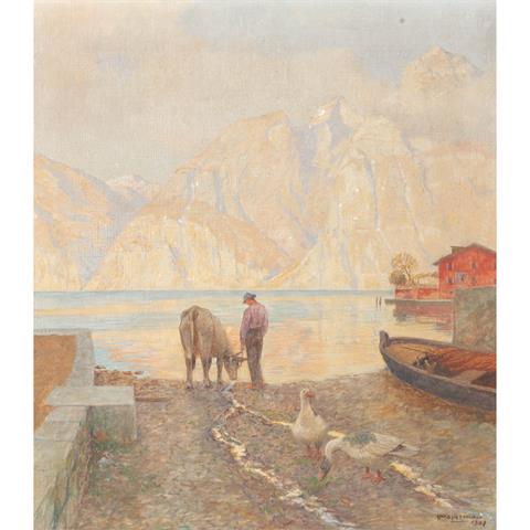 LIETZMANN, HANS (1872-1955), "Hirte mit Kuh und Gänsen an einem Seeufer in den Alpen",