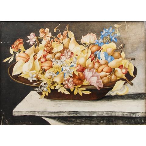MONFORT, OCTAVIANUS (1646-1696), "Blumen und Früchte auf brauner Keramikschale",