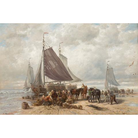 THOMASSIN, DÉSIRÉ (1858-1933), "Fischer bei Ihren Segelbooten am Strand",