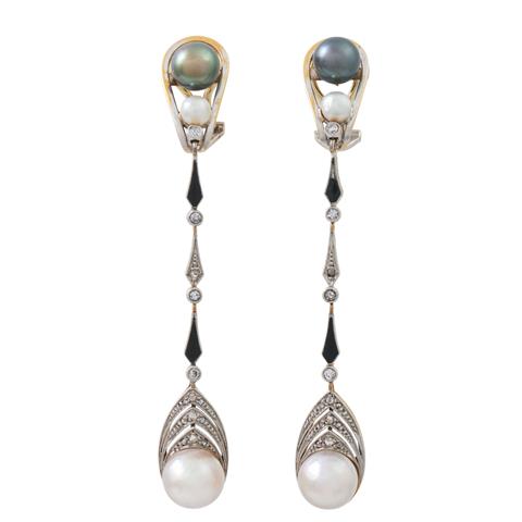 Art Déco Paar Ohrhänger mit Perlen und Diamanten,