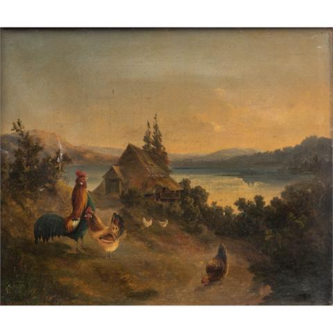 HOLT / HOLTZ, K. (?, undeutlich signiert, Maler/in 19. Jh.), "Hühner und Haus am Ufer eines Gebirgssees",