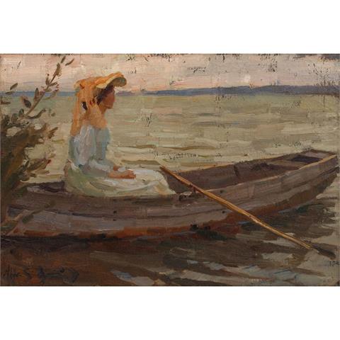 SCHMIDT, ALFRED (1867-1956), "Junge Frau mit Sonnenhut in einem Nachen am Seeufer",