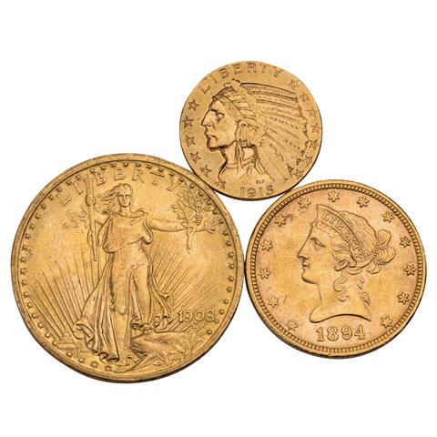 USA /GOLD - 3-tlg. Set:  20$ Walking Liberty 1908 / 10$ Coronet Head 1894 / 5$ Indian Head 1915