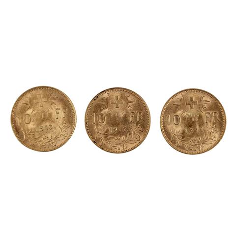 Schweiz - 3 x 10 Franken, Vreneli, GOLD,