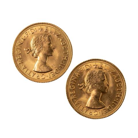 Großbritannien /GOLD - Elisabeth II mit Schleife, 2 x 1 Sovereign 1967/1968