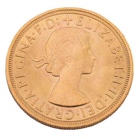 Großbritannien /GOLD - Elisabeth II mit Schleife, 1 Sovereign 1957,