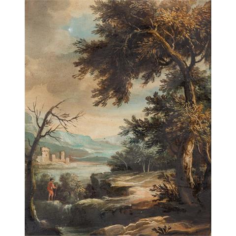 MALER DES XVIII JAHRHUNDERTS "Wanderer am Ufer eines Flusses mit der Ruine eines Schlosses im Hintergrund"