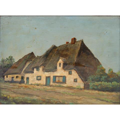 BOCK, THÉOPHILE DE (1851-1904) „Reetdachhäuser unter blauem Himmel”,