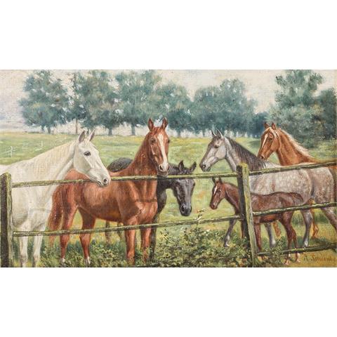 SCHOENBECK, R., wohl RICHARD (1840-1919), "Pferde auf der Koppel",