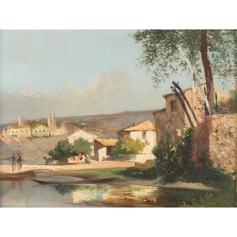 FRÈRE, J. H. (französ. Maler/in 19. Jh.), "Stadtrand am Fluss",