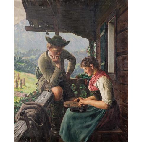 RAU, EMIL (1858-1937) "Junger Jäger und Mädchen mit Zither auf der Veranda"