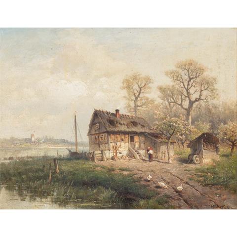 ASTUDIN, NICOLAI von (1847-1925), "Reetgedecktes Fachwerkhaus am Flussufer",
