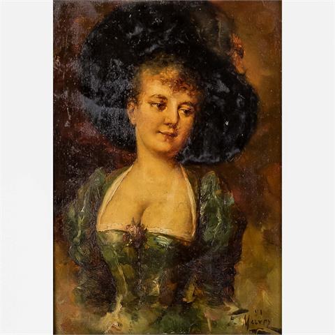 MAURY, FRANCOIS (1861-1933), "Mondäne Dame mit schwarzem Federhut und grünem Kleid",