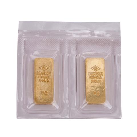 2 x Goldbarren zu je 2 x 10g GOLD fein, Degussa, beide Barren in hist. Form,