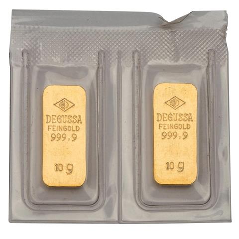 GOLDbarren – 2 x 10 g GOLD fein, Goldbarren hist. Form, Hersteller Degussa,
