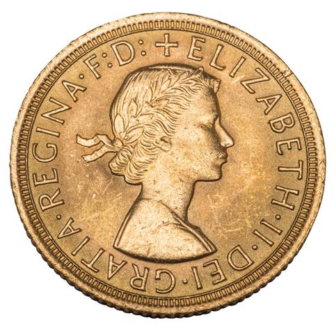 Großbritannien /GOLD - Elisabeth II. mit Schleife, 1 Sovereign 1965,