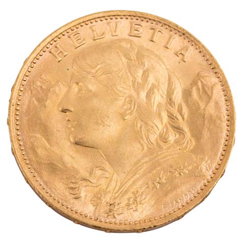 Schweiz/GOLD - 20 Franken 1927/B, Vreneli, vz-, Kratzer,