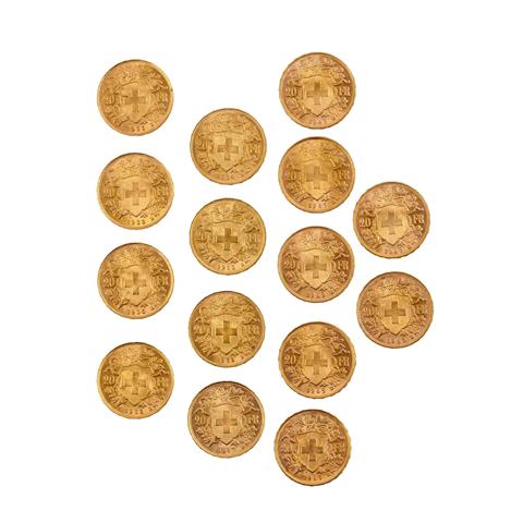 Schweiz/GOLD - 15 x 20 Franken Vreneli,